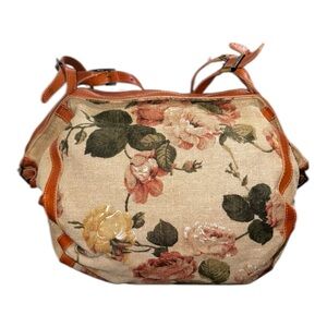 Vintage Earthbags Floral Tapestry Large Shoulder Bag Satchel Leather Trim